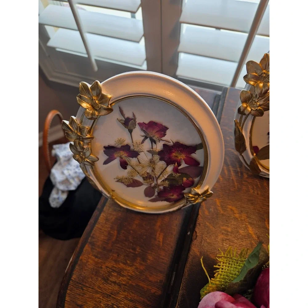 Set of 2 Handcrafted 5x7 Ornate White Gold Oval Frames Dried Pressed Roses Art